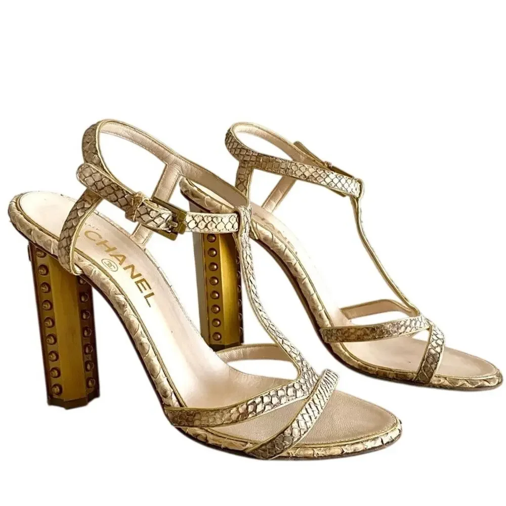 Chanel Python T-Strap Sandals 39.5 Gold Studded CC Column Heels Made in Italy